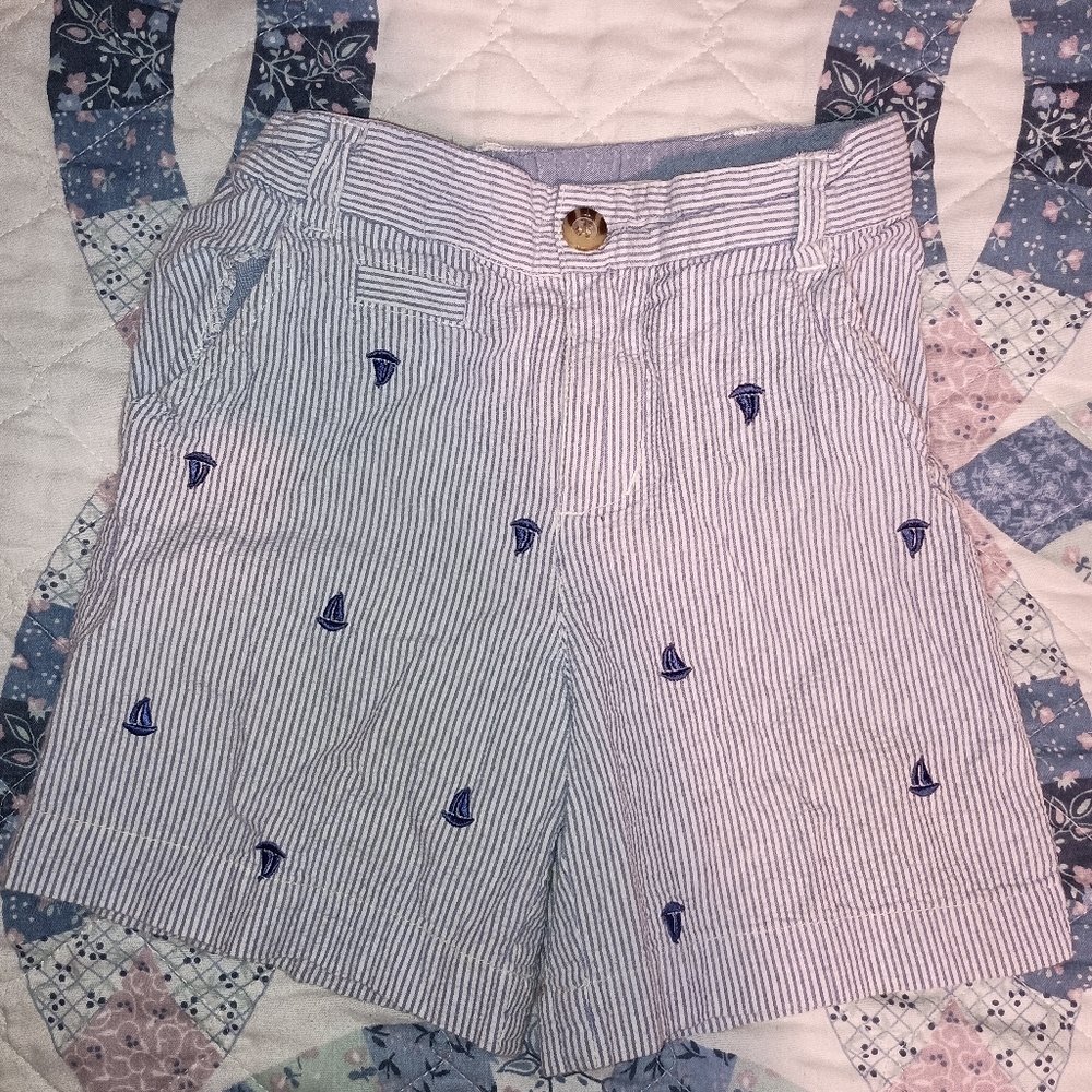Bowen & Wright Striped Embroidered Sailboat Kids Shorts - Blue